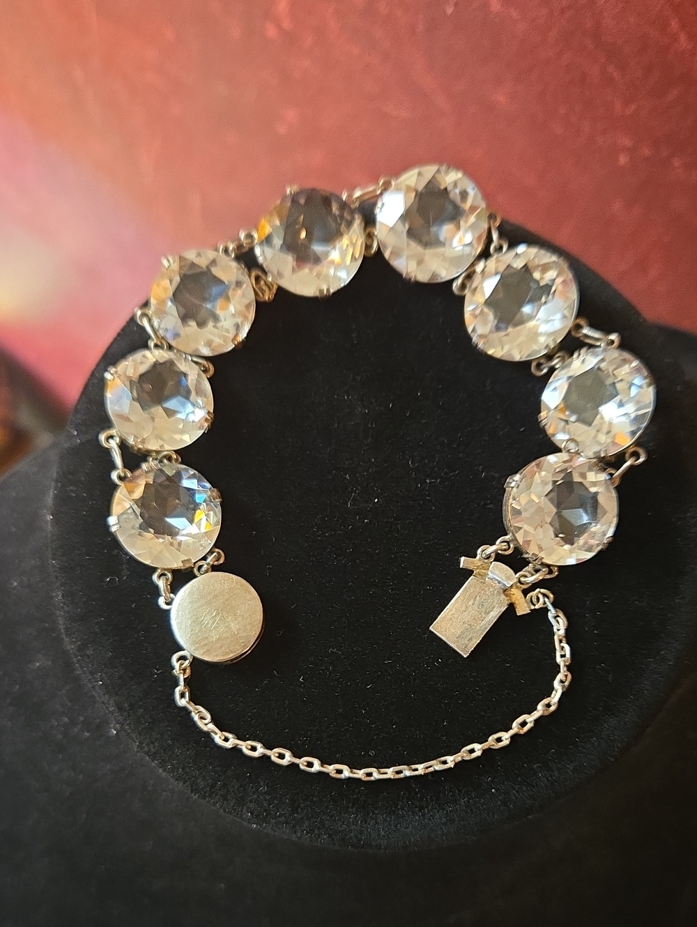 Antique 1920s Silver & Large Bezel Crystal Stones Edwardian Riviera Bracelet